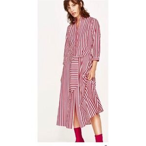 Zara Woman Red White Striped Cotton Midi Shirt Dress with Belt Small